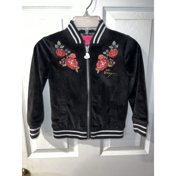 Betsey Johnson Jacket Girls Sz 5T Embroidered Velour Bomber Floral Black Velvet - Picture 8 of 8